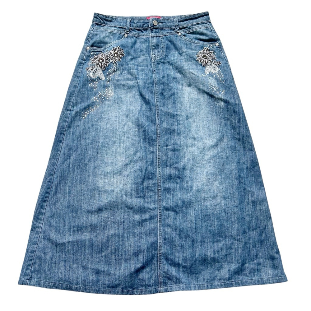 Style J Blue Denim Maxi Skirt Size XL Floral Rhinestone design Distressed